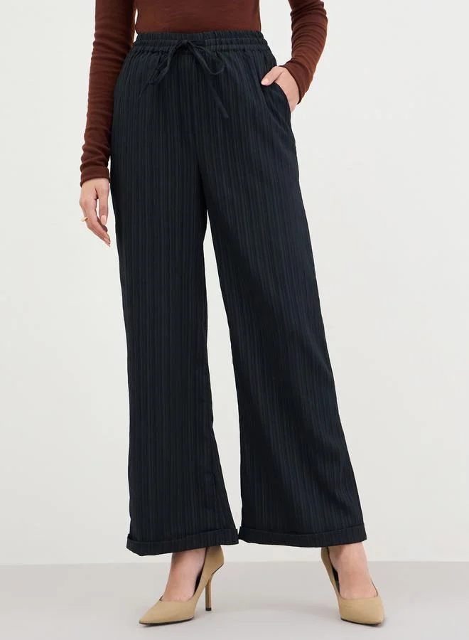Styli Women Black Pinstripe Wide Leg Trousers